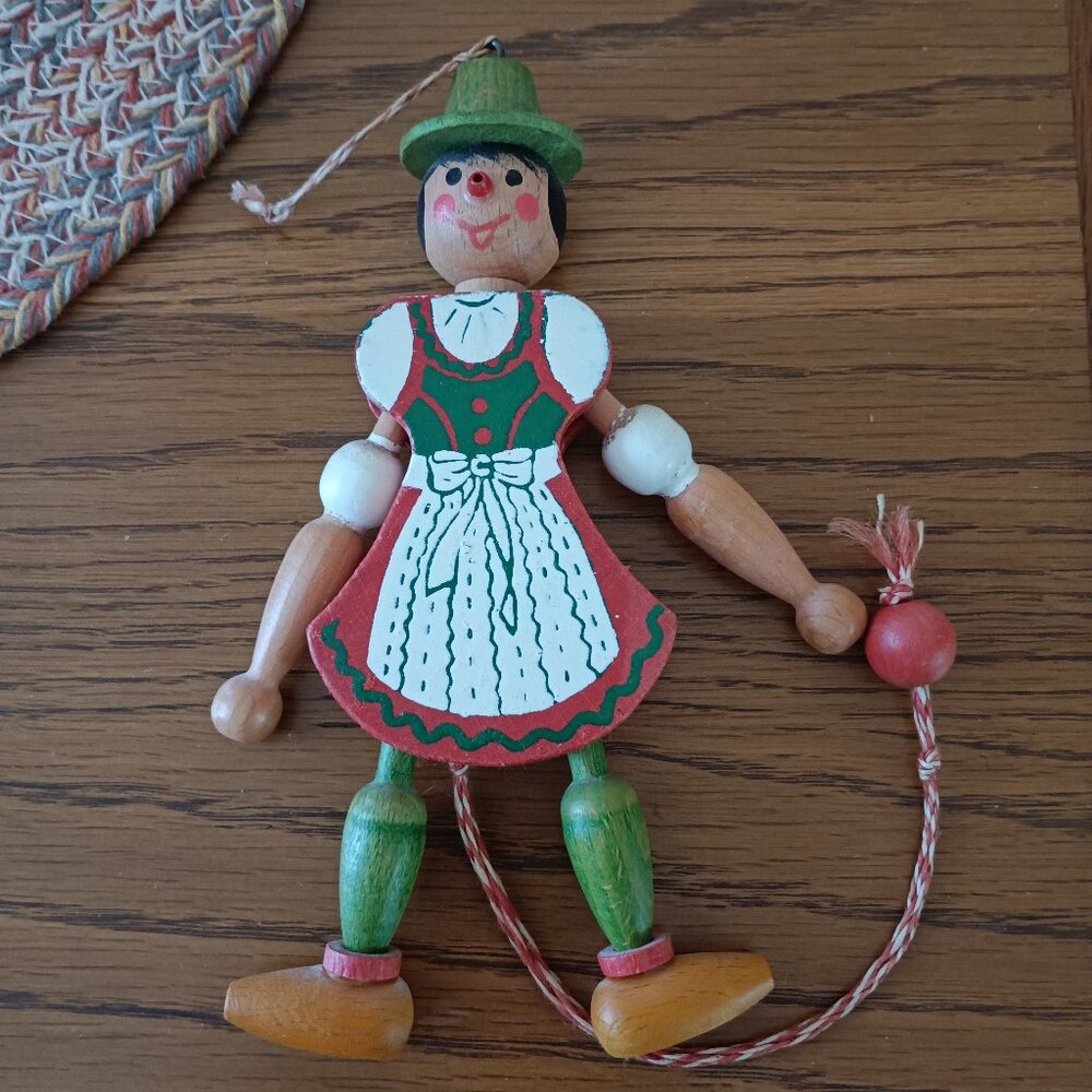 Austria Tiroler Harlequin Wooden String Girl Puppet 1950's Handmade Vintage